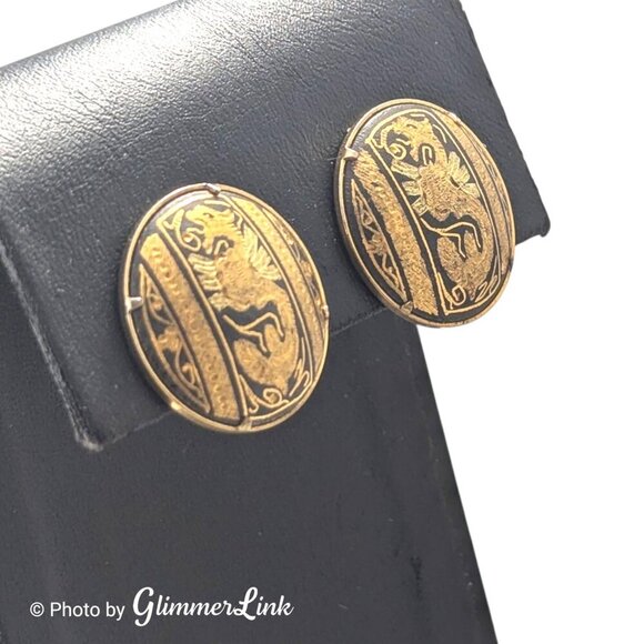 Vintage Damascene Dragon Round Button Gold Tone Clip On Earrings - Picture 2 of 10
